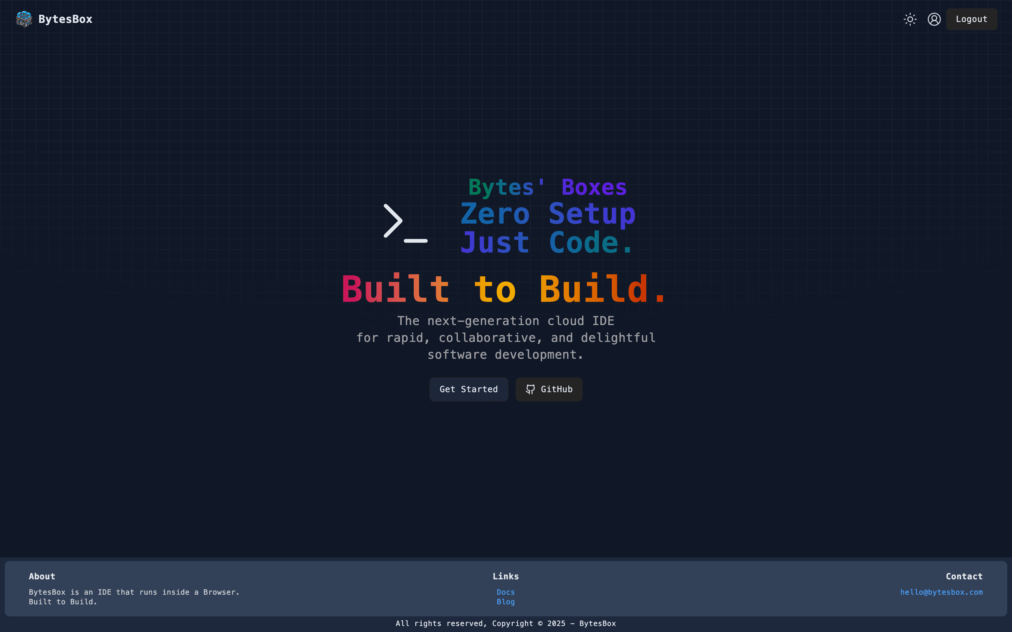 BytesBox cloud IDE showing file explorer, code editor, and terminal panels